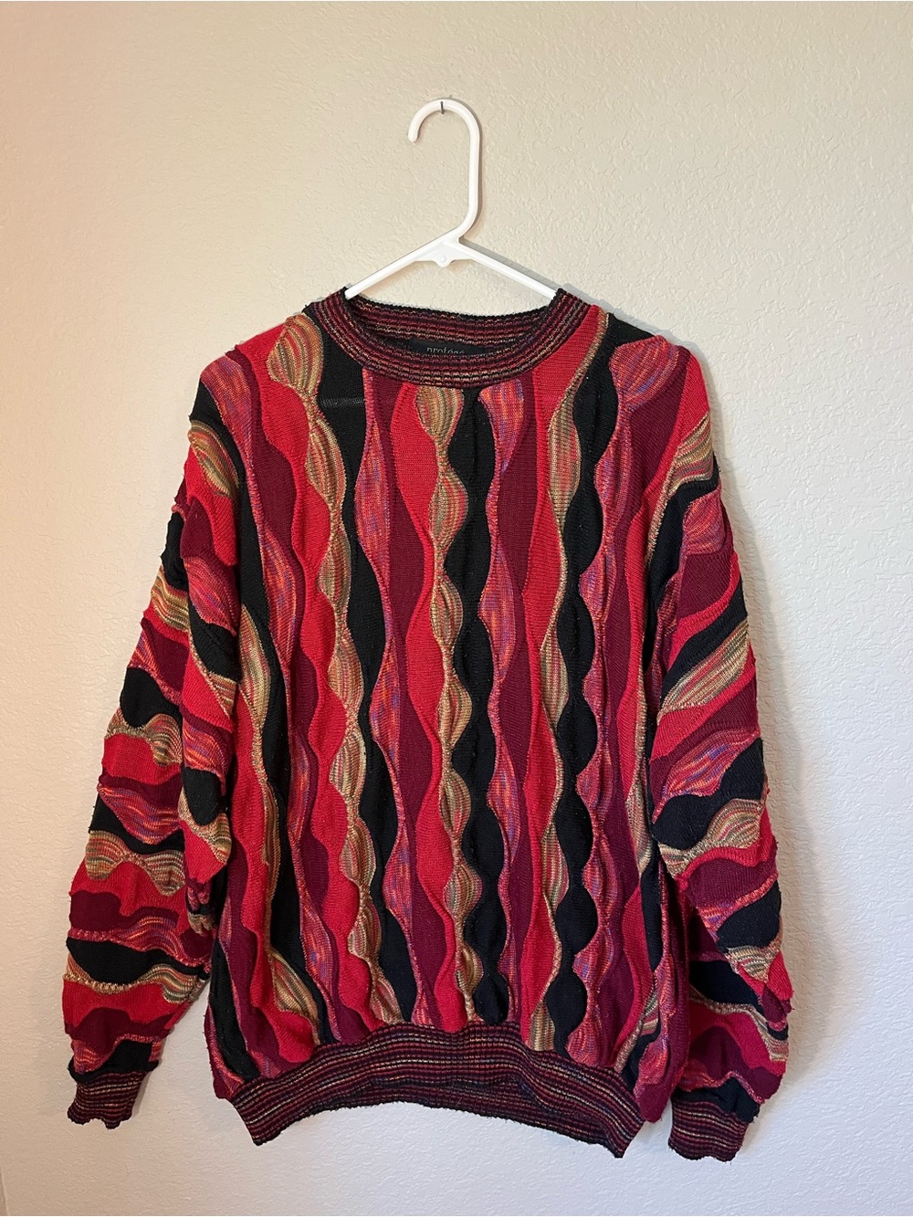 Vintage Protege 3D Coogi Style Sweater XL Red Black Wavy Textured 90s Cosby